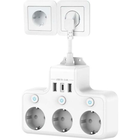 Multipresa con interruttore individuale, multipresa con 3 prese USB C e 3 caricabatterie USB, multipresa da parete con adattatore per prese USB multiple, cavo corto da 0,1 m per cucina, ufficio, bianc