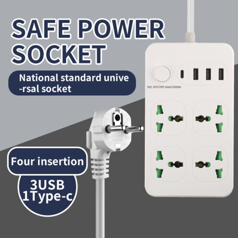 Multipresa con porte USB e Type-C, ideale per casa e ufficio, prolunga con fori rotondi, modello 2 bianco