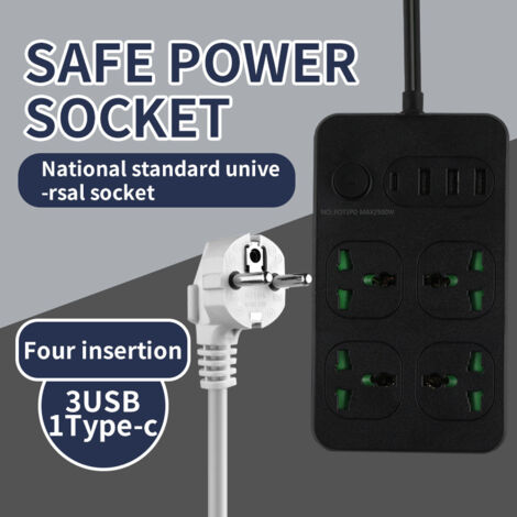 Multipresa con porte USB e Type-C, ideale per casa e ufficio, prolunga con fori rotondi, modello 2 nero