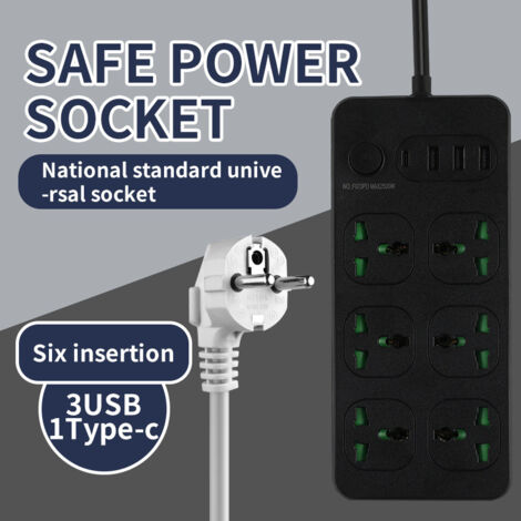 Multipresa con porte USB e Type-C, ideale per casa e ufficio, prolunga con fori rotondi, modello 4 nero