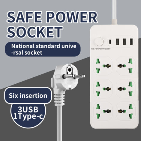 Multipresa con porte USB e Type-C, ideale per casa e ufficio, prolunga con fori rotondi, modello bianco 4