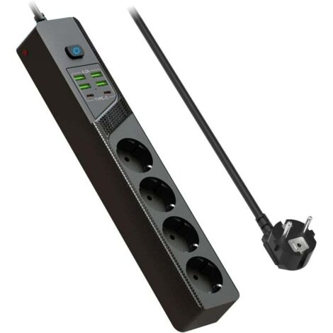 Multipresa con protezione da sovratensioni USB, 4 prese con 4 porte USB A + 2 porte USB C, multipresa con protezione da sovratensioni e cavo da 2 m per smartphone, casa, ufficio - Nero