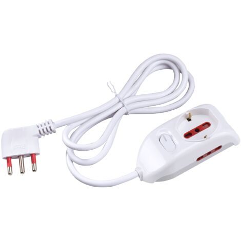 Multipresa con spina 16A piegata a 90°, 1 presa bipasso/schuko 10A/16A e 2 prese bipasso 10A/16A, cavo 1,5 metri, con interruttore, bianco, serie Emilia - Rosi RS94003