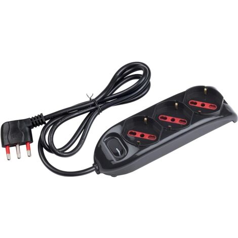 Multipresa con spina 16A piegata a 90°, 3 prese bipasso/schuko 10A/16A, cavo 1,5 metri, con interruttore, nero, serie Emilia - Rosi RS94002
