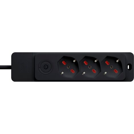 Multipresa con spina 16A piegata a 90°, 3 prese bipasso/schuko 10A/16A, cavo 1,5 metri, con interruttore, nero, serie Emilia Specialist - Rosi RS8322B