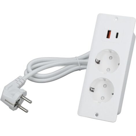 Multipresa da incasso per ufficio con due porte USB, 1,5 m, bianca.