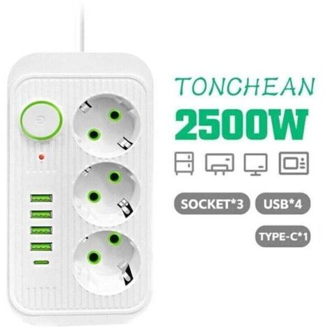 Multipresa da parete con 3 prese e 4 USB con 1 porta USB-C, multipresa 8 in 1 per casa e ufficio, bianca