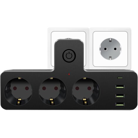 Multipresa da parete, multipresa con interruttore, 3 porte USB e 1 porta di tipo C, multipresa 7 in 1, multipresa USB, multipresa nera per casa e ufficio