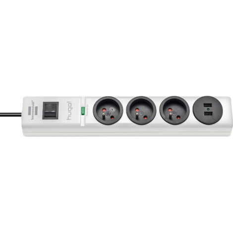 Multipresa di corrente con protezione da sovratensioni e porte USB HUGO, cavo da 2m H05VV-F 3G1,5, 3 prese - Bianco
