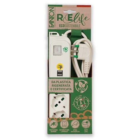 Multipresa OMEGA ECO 3 prese schuko bipasso 2P+T 16A + 2 prese USB-A 5V 3A spina italiana 2P+T 16A cavo 1.5m con interruttore luminoso Fanton 47450ECO