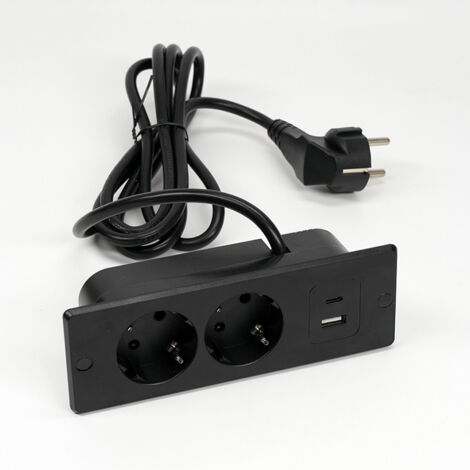 Multipresa piatta a doppia presa, 1,5 m x 1 m, con due prese a incasso e due porte USB, ideale per uffici, banchi da lavoro e tavoli da conferenza.