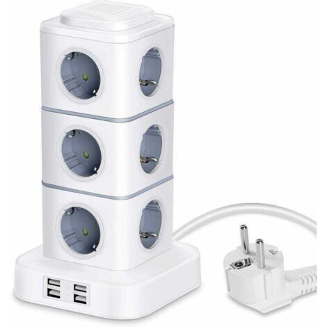 Multiprise 12 prises (2 500 W/10 A) avec 4 ports USB, multiprise verticale avec parasurtenseur pour la maison et le bureau, rallonge de 3 m