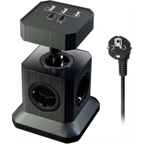Multiprise (16A/4000W) 4 Prises françaises avec 3 Ports USB et 2 Port Type-C, Bloc Multiprise Parafoudre et Surtension avec Interrupteur, Câble 2Mpour Maison Bureau,Voyage (Noir)