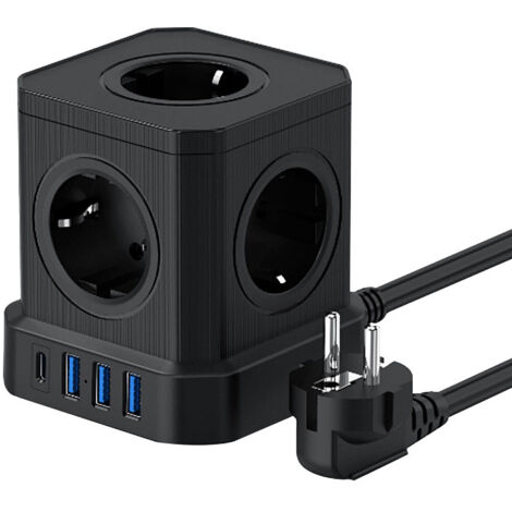 Multiprise (16A/4000W) 5 prises françaises avec 3 ports USB et 1 port Type-C, multiprise parafoudre et surtension avec interrupteur, câble 2M pour la maison, le bureau, les voyages
