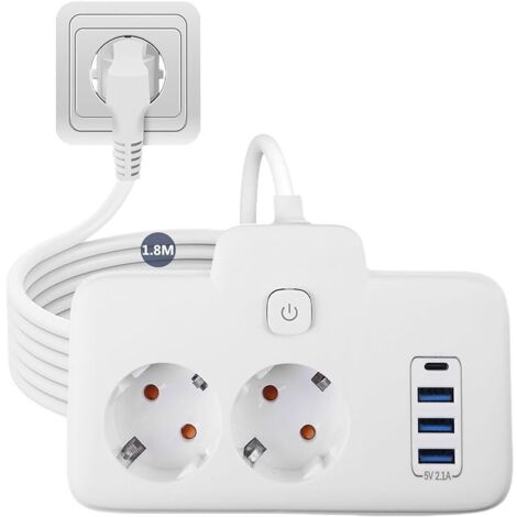 Multiprise 2 prises, avec câble d'extension de 2 m, 3 ports USB et 1 type C, idéale pour le bureau, la maison et les voyages - Rallonge pratique avec multiprise