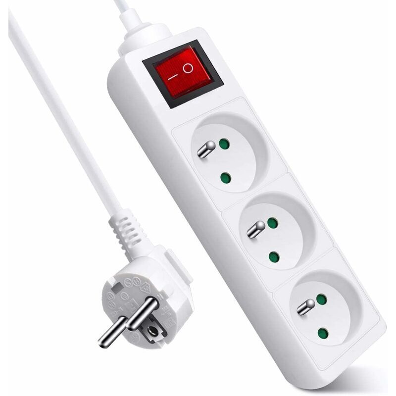 Multiprise 3 Prises 16A 2P + T avec Interrupteur, Bloc 3 Prises, Rallonge 3m 230 V avec sécurité Enfant, Blanc