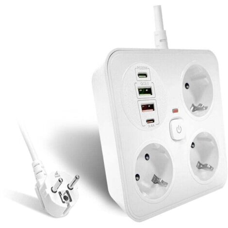 Multiprise 3 Prises 2 USB-A 2 USB-C Adaptateur Câble 2m Bureau Maison Blanche