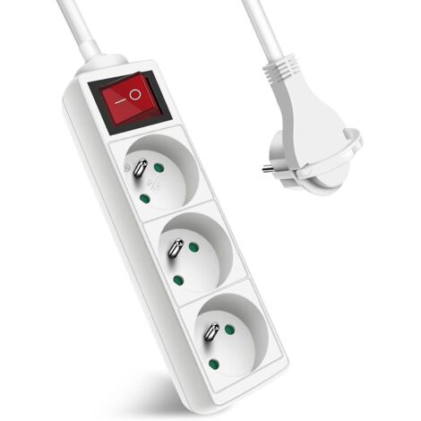 multiprise 3 Prises Avec Interrupteur Fiche Plate, Bloc 3 Prises, Rallonge 1.5m 230 V Avec Scurit Enfant