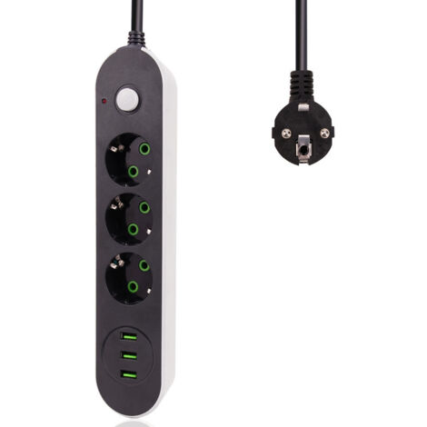 Multiprise 3 Prises Schuko + 3 USB, Câble 3m, Noir et Blanc