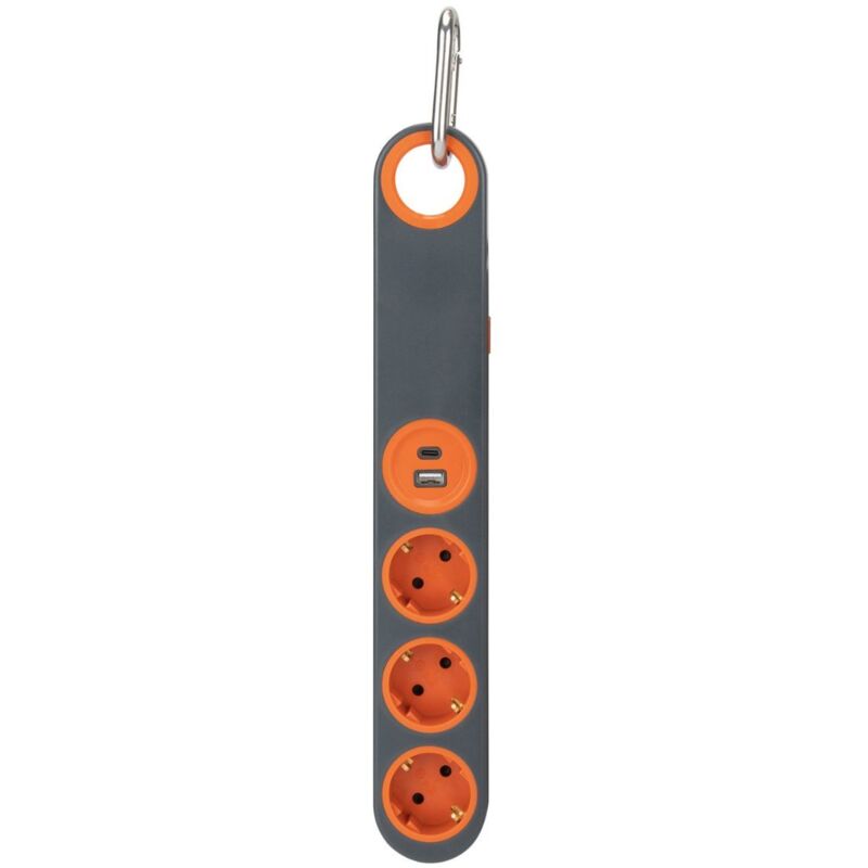 Multiprise 3 prises Schuko + crochets + lumière + 2 usb a+c - Gris/Orange - Klipo Zenitech