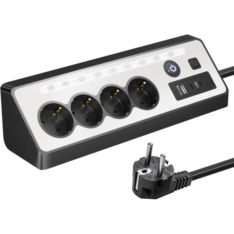Multiprise 4 prises avec USB et 2 ports Type-C - Multiprise d'angle avec interrupteur pour plan de travail de cuisine, Noir