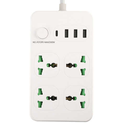 Multiprise 4 Prises Universelles + 3 USB + 1 USB-C, Câble 3m, Prise Schuko, Blanc