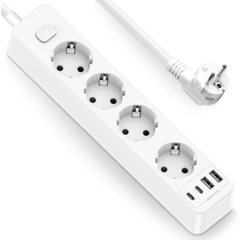Multiprise 4 prises USB 3680 W avec interrupteur 8 en 1 pour la maison, le bureau, les voyages, câble de 1,8 m, blanc