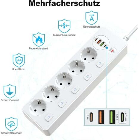 Multiprise 5 Prises Commutables Individuellement, Multiprise Avec 2 Usb A Et 2 Usb C, 5 Prises Avec Interrupteur, Montage Mural Avec CâBle D'Extension De 2 M, Pd 20 W, Blanc