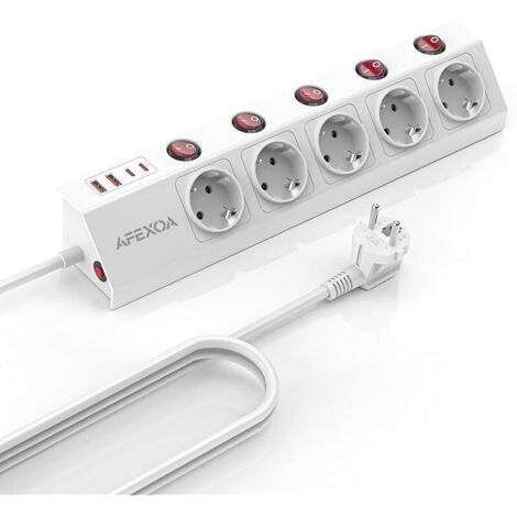 Multiprise 5 voies 2 USB-C et 2 USB-A commutables, blanc (3680 W/16 A), charge rapide, protection contre les surtensions, sécurité enfant pour bureau ou domicile