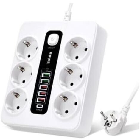 Multiprise 6 Compartiments avec USB, Multiprise 12 en 1 avec 5 USB-A & 1 USB-C, avec Interrupteur, Câble D'extension 2M, 3000W, Multiprise pour Bureau, Maison