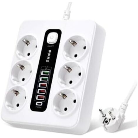 Multiprise 6 Compartiments avec USB, Multiprise 12 en 1 avec 5 USB-A & 1 USB-C, avec Interrupteur, Câble D'extension 2M, 3000W, Multiprise pour Bureau, Maison
