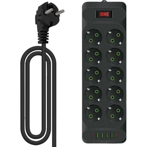 Multiprise à 10 prises : multiprise avec 4 ports de charge USB + 2 ports de type C, prise de distribution murale, multiprise avec interrupteur, bande d'alimentation 10 prises avec câble de 2 m pour le