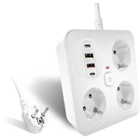 Multiprise à 3 voies avec 2 ports USB-A et 2 ports USB-C, adaptateur secteur avec câble d'extension de 2 m (250 V/16 A), multiprise pour bureau et maison (blanche)