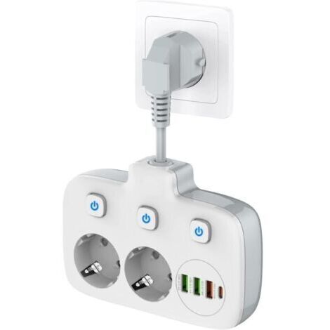 Multiprise à interrupteur unique 2 compartiments, multiprise avec 3 interrupteurs, double fiche murale avec 4 USB, adaptateur de prise avec protection contre les surtensions, sécurité enfant, c