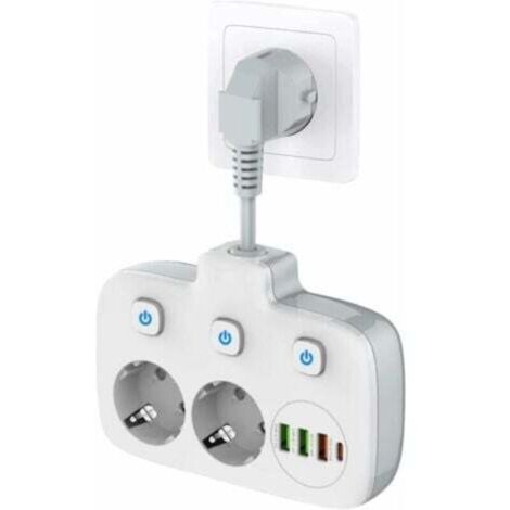 Multiprise à interrupteur unique 2 compartiments, multiprise avec 3 interrupteurs, double prise murale avec 4 USB, OUYLAF, adaptateur de prise avec protection contre les surtensions, sécurité enfant