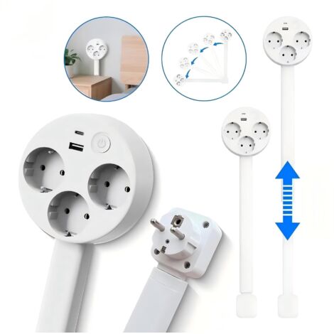 Multiprise avec 5 prises, USB-A/USB-C ports, 47 - 67cm Extensible, Interrupteur ON/OFF