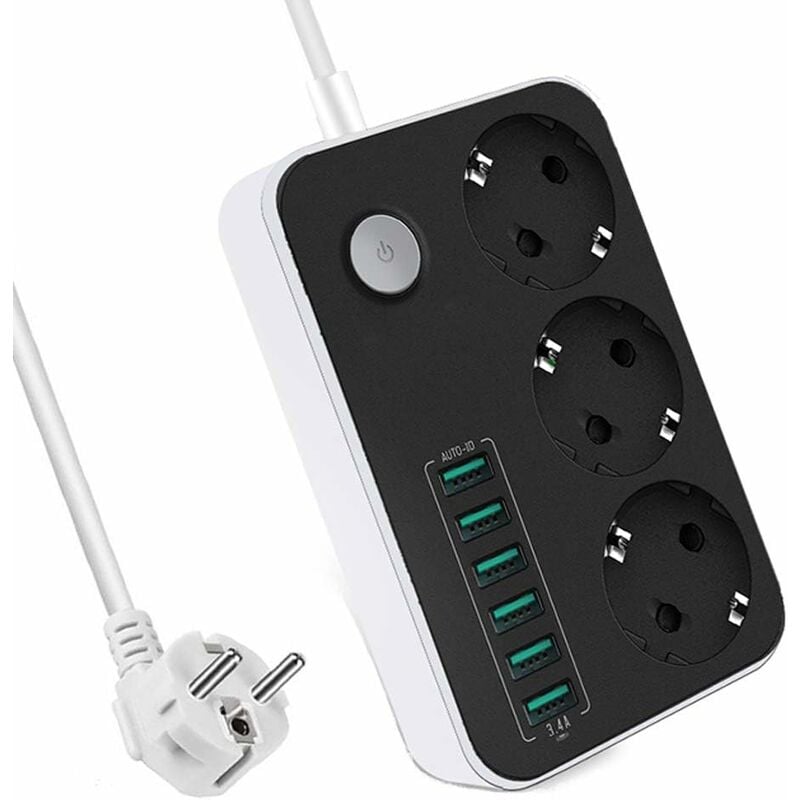 Multiprise avec 6 prises multiples usb 3 compartiments 2500W 17W 5V 3.4A câble 1.6M, avec prise interrupteur protégée contre les surcharges Fei Yu