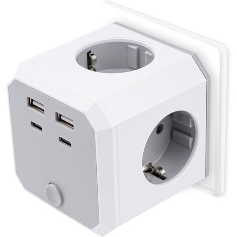 Multiprise avec Interrupteur 8 en 1 Murale Cube 16A 3680W Prise Electrique Chargeur Adaptateur avec 4 Prises AC 2 USB A 5V/2.4A 2 USB C 5V/3A pour Maison Bureau et Voyages