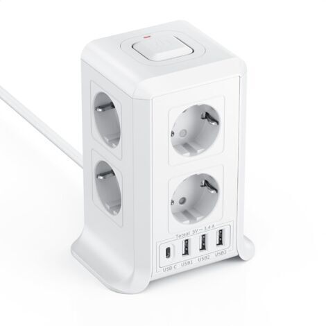 Multiprise avec interrupteur - 8 prises secteur et 4 ports USB - convient aux bureaux et aux salons - câble de 2 mètres, blanche.