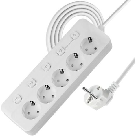 Multiprise avec Interrupteur Individuel, 5 Prises Multiprise USB C, Prise Multiple Murale pour la Maison Le Bureau ou la Cuisine, 2M-Blanco