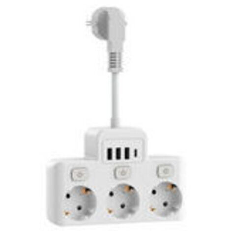 Multiprise avec Interrupteur Individuel, Multiprise Electrique 3 Prises avec 4 Ports USB, 4000W 16A avec Câble Court 5CM