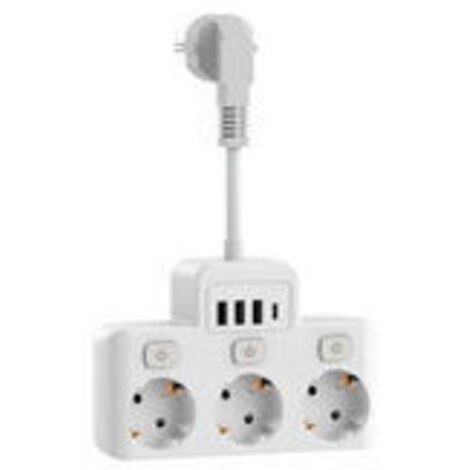 Multiprise avec Interrupteur Individuel, Multiprise Electrique 3 Prises avec 4 Ports USB, 4000W 16A avec Câble Court 5CM