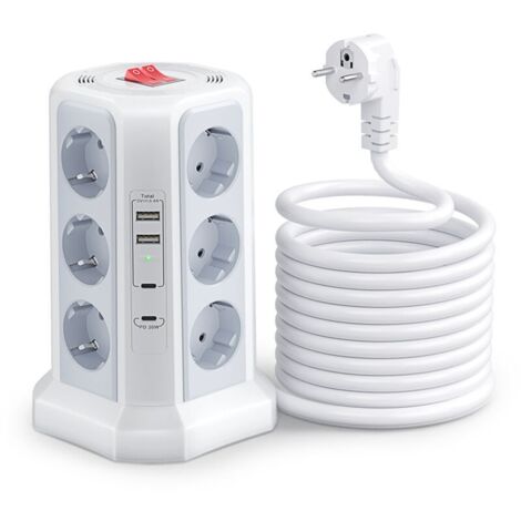 Multiprise avec Interrupteur, Tour Multiprise 12 Prises et 4 USB（2 USB-A&2 USB-C, 1.5M Câble à la Maison et au Bureau - Blanc