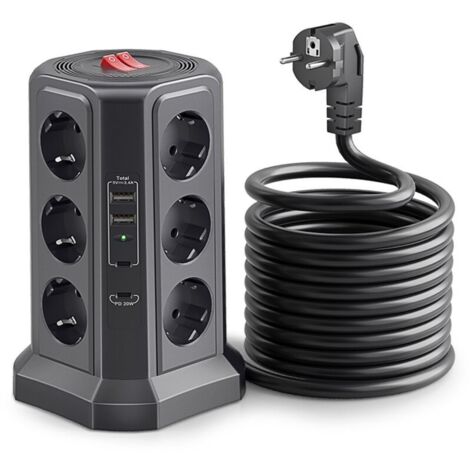 Multiprise avec Interrupteur, Tour Multiprise 12 Prises et 4 USB（2 USB-A&2 USB-C, 1.5M Câble à la Maison et au Bureau - noir