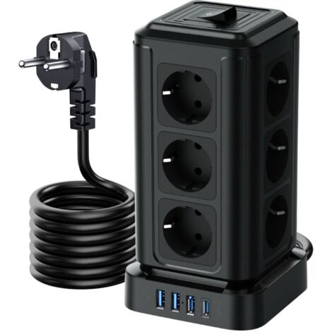 Multiprise avec Interrupteur, Tour Multiprise 12 Prises et 4 USB（3 USB-A&1 USB-C Max 5V/3.4A,Parafoudre et Surtension, 2M Câble à la Maison et au Bureau