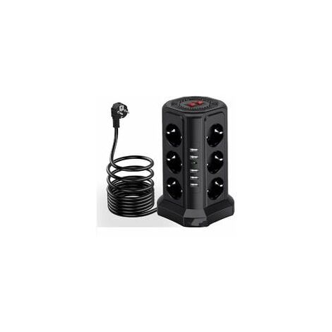 Multiprise avec parasurtenseur, multiprise avec 5 ports USB et 12 prises, multiprise avec 3 interrupteurs, noir
