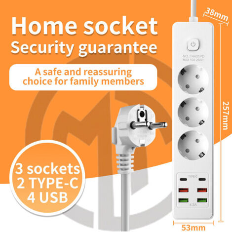 Multiprise Convertisseur EU 10A/250V – Idéal Bureau & Voyages,Cordon d'alimentation de 2 mètres