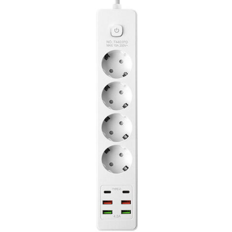 Multiprise Convertisseur EU 10A/250V – Idéal Bureau & Voyages,Cordon d'alimentation de 2 mètres [blanc]