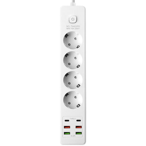 Multiprise Convertisseur EU 10A/250V – Idéal Bureau & Voyages,Cordon d'alimentation de 3 mètres [blanc]