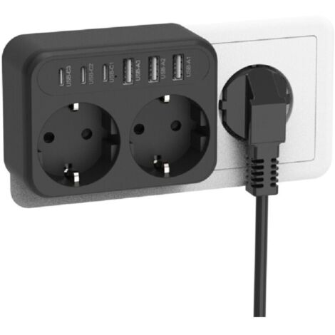Multiprise Convertisseur EU – Idéal Bureau & Voyages,Prise européenne 8 en 1,3 ports USB3 + 3 ports Type-C,noir